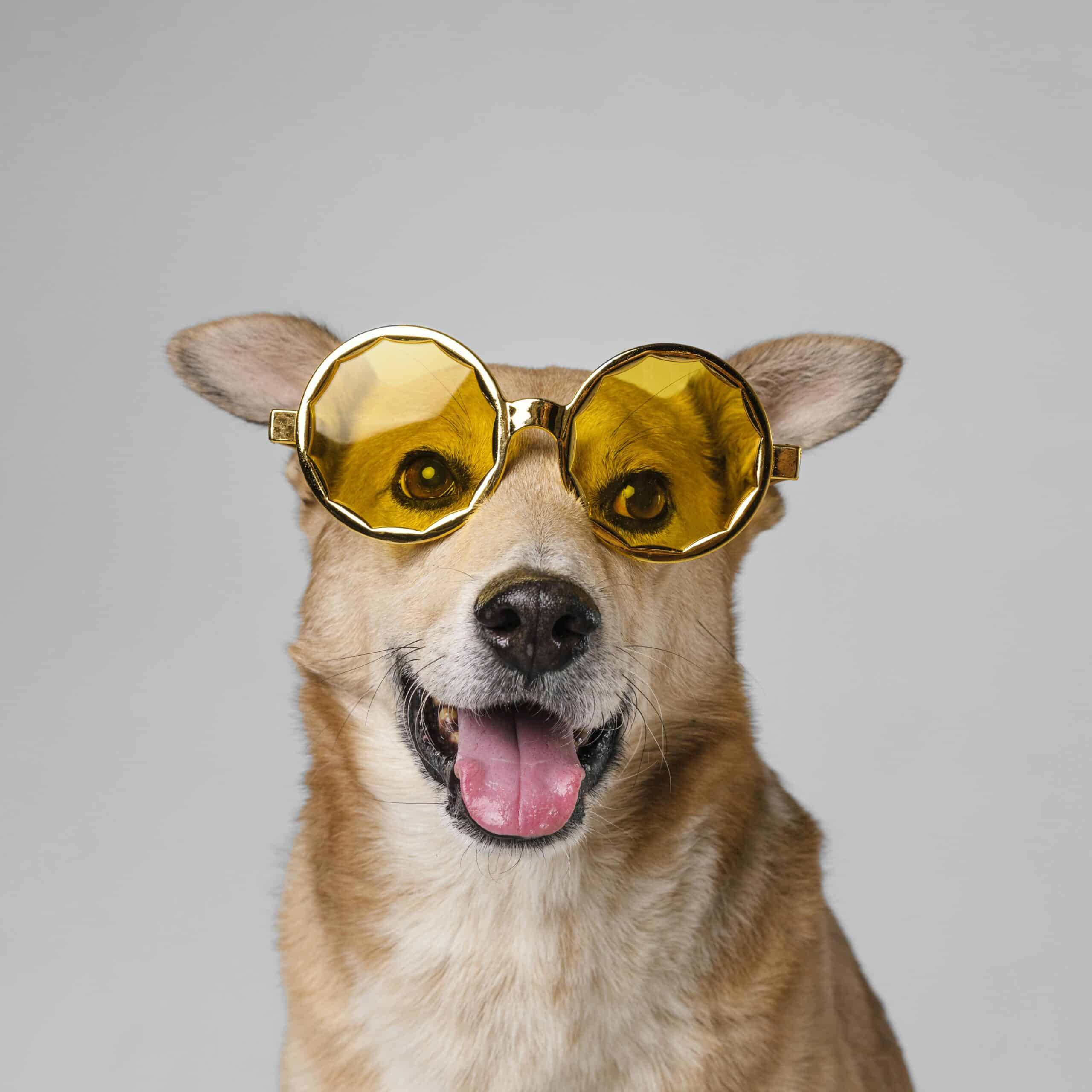 Foto de perro mestizo con gafas de sol